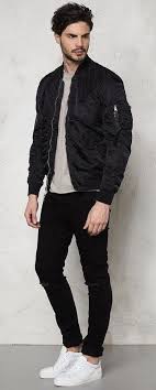 Fall Outfit Inspiration With A Black Bomber Jacket Beige Sweatshirt Black Distressed Denim No Show Socks Whi Mens Outfits Bomber Outfit Outfit Inspiration Fall