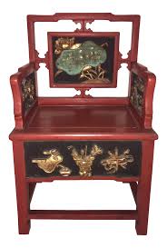 Decorative Antique Red Gold Chinese Arm Chair With Lotus Leaf Panel Auspicious Objects Armchair Antiques Gold Chair