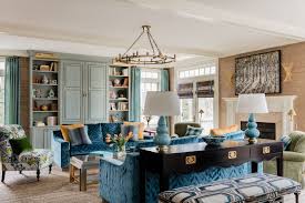 Living Room With Blue Velvet Matching Sofas And Robins Egg Built In Bookshelves Furniture Placement Living Room Furniture Contemporary Bedroom Design