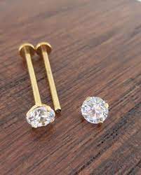 16g Pair 14mm 16mm Or 19mm Cheek Piercing Stud Jewelry Dimple Gold Tone Titanium Internally Threaded Maker 5mm Cz Prong Set Stone Cheek Piercings Body Jewelry Piercing Body Jewelry Shop