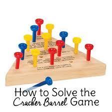 An iq puzzle is a triangle of 15 golf tee's. How To Solve The Cracker Barrel Game Sweet T Makes Three Cracker Barrel Games Pegboard Game