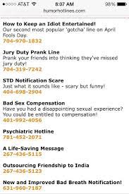 Humor Hotlines Great For Pranking Friends Funny Phone Numbers Funny Numbers To Call Prank Call Numbers