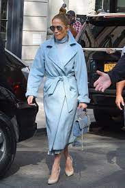 Jennifer Lopez Wearing A Baby Blue Winter Coat In New York Baby Blue Coat Blue Coat Outfit Blue Outfit Winter