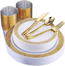 Check spelling or type a new query. Buy 150 Piece Gold Dinnerware Set Elegant Lace Disposable Plastic Plate Include 25 Dinner Plates 25 Dessert Plates 25 Forks 25 Knives 25 Spoons 25 Cup Ideal For Halloween Thanksgiving Christmas Online In Turkey B07sr3q8n4