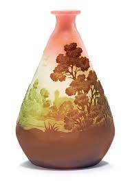 Emile Galle Vase Ca 1900 Pink Glass With Green Overlay And Etched Decorated With A Riverscape Signed Galle H 15 5 Cm Galle Pink Glass Vase