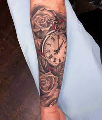 Clock And Roses Tattoo By Nino Dinchev Half Sleeve Rose Tattoos For Women Clock Tattoos For Women Kids Clock And Rose Tattoo