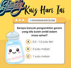 Batasan ini yang selalu dilampaui dengan variansi santapan yang ada saat ini. Perpustakaan Desa Selising Aktiviti Online Kuiz Hari Ini Berapa Banyak Pengambilan Garam Yang Kita Boleh Ambil Dalam Sehari A Atau B Atau C Facebook