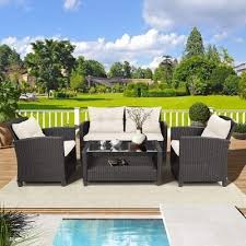 Bay Isle Home Lorrie Outdoor 4 Piece Rattan Sofa Seating Group With Cushions Bay Isle Home Diy Patio Furniture Modern Patio Furniture Outdoor Deck Decorating