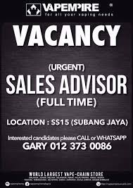 Jawatan kosong 2019 terkini ok? Vape Empire Subang Jaya Retail Assistant Jawatan Kosong Shop Online Classifieds Forum Cari Infonet