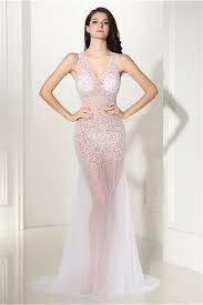 Gorgeous V Neck Open Back White Tulle Beaded See Through Prom Dress See Through Prom Dress Backless Prom Dresses Backless Mermaid Prom Dresses