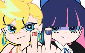 smiling, looking at viewer, face, Anarchy Panty, Anarchy Stocking, Panty  and Stocking with Garterbelt, anime, Anime screenshot, anime girls,  earring, hoop earrings, two tone hair, makeup, middle finger | 3456x2160  Wallpaper -