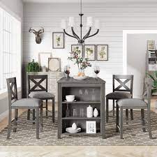 I love the saddle seats and the mahogany wood. 5 Pieces Counter Height Rustic Farmhouse Dining Room Wooden Bar Table Set With 4 Chairs Gray Walmart Com Walmart Com