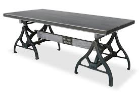 Original copyright drake casting co. Industrial Sawhorse Dining Table Cast Iron Base Wood Beam Gray Rustic Deco Incorporated