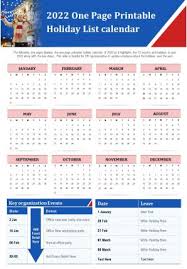 2022 One Page Printable Holiday List Calendar Presentation Report Infographic Ppt Pdf Document Presentation Graphics Presentation Powerpoint Example Slide Templates