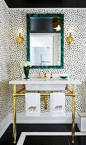 Black And White Tile Powder Room Black White Wallpaper Bathroom With Brass Console Sink Inspiration For Two Penny Blue Powder Room By Small Bathroom Decor Powder Room Decor Bathroom Decor