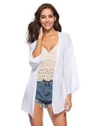 Accueil / produits identifiés manche longue. Femmes Kimono Blanc A Manches Longues En Mousseline De Soie Ouverte A L Avant Milanoo Com
