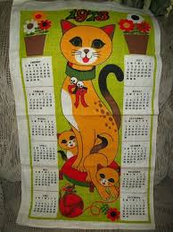 Vintage New Linen Calendar Towel Art Deco Cat Family 1973 Ebay Vintage Calendar Vintage Kitsch Vintage Cat