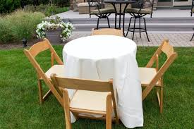 Perfect Seating For A Cocktail Party Or Cocktail Hour At A Wedding 30 Round Table With Natural Wood Wood Folding Chair Outdoor Furniture Sets Party Rentals