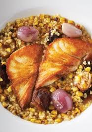 Pan Roasted Hiramasa Kingfish Charred Corn Fregola Shiitake Mushrooms Hiramasa Kingfish Stuffed Mushrooms Food Fregola