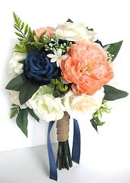 We had strings of pearls in between the flowers and fun paper elements like pinwheels bridal party styling: Wedding Bouquets 17 Piece Package Bridal Bouquet Flowers Coral Navy Blue Peach 329 99 Picclick