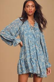 Blue Floral Print Dress Babydoll Dress Long Sleeve Dress Lulus
