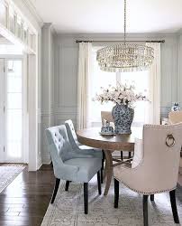Dining Room With Beautiful Light Blue Chairs Wall Moldings And Crystal Chandelier Diningroom Consolet Blue Dining Room Walls Dining Room Blue Dining Chairs