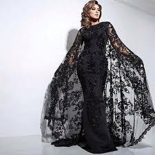 Dubai Evening Dresses With Cape Satin Abaya Kaftan Formal Party Gowns Black Appliques Lace Black Lace Evening Dress Black Evening Dresses Lace Evening Dresses