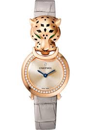 The watch was adorned with white diamonds, spotted with striking onyx stones. Cartier Panthere De Cartier La Panthere Pink Gold Watches