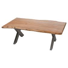 It's made from solid acacia wood and has a natural brown finish that shows off the wood's unique grain color variation. Industrial Style Acacia Wood Coffee Table Scape Interiors West Ltd