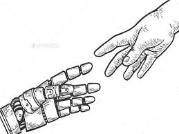 Black And White Robot Robot And Human Hand Engraving Vector Illustration Robots Drawing Robot Illustration How To Draw Hands