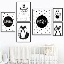 Black White Cartoon Bear Rabbit Baby Nursery Wall Art Canvas Poster Custom Name Print Painting Nordic Picture Kid Room Decor Baby Nursery Wall Art Personalized Wall Art Black And White Cartoon