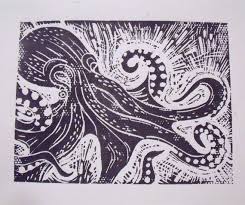 Black And White Linoleum Print Octopus White On Black Lino Print Lino Print Octopus Print Art