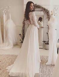 A Line Deep V Neck Full Long Sleeves Open Back Long Lace Chiffon Wedding Dresses Long Sleeve Wedding Dress Lace Lace Beach Wedding Dress Chiffon Wedding Dresses Lace