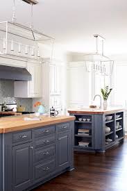 Blue Gray Kitchen Islands With Maple Butcher Block Countertops Transitional Kitchen Blue Gray Kitchen Cabinets Grey Kitchen Island Kitchen Renovation