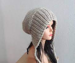 Slouchy Ear Flap Hat Gray Slouchy Hat Knitted Slouchy Beanie Etsy Ear Flap Hats Flap Hat Crochet Hats