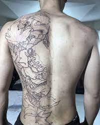 Mens Creative Half Back Black Ink Outline Leaves With Mask Tattoo Creative Tattoos Tattoos For Guys Back Tattoos For Guys
