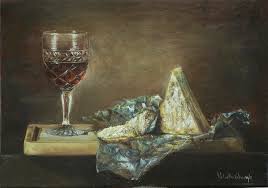* feb 14, 1997 in ploieşti, romania Wine And Gorgonzola Cheese Painting By Valentin Gheorghe