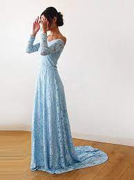Light Blue Off The Shoulder Dress With Train 1148 Etsy Light Blue Lace Dress Blue Wedding Dresses Lace Blue Dress