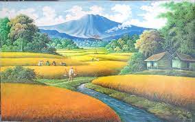 #12 gambar mewarna pemandangan sungai yang mengalir di tepi sawah berdekatan gunung. 25 Lukisan Pemandangan Kampung Sawah Padi Rudi Gambar