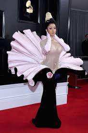 Cardi B Turned Up To The Grammys In A Pearl Adorned Dress That Made Her Look Like She Was Emerging From A Shell Cardi B Grammys Celebrity Dresses Red Carpet Dresses