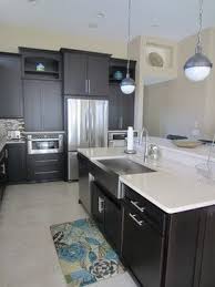 Dark Cabinets Modern Pulls Globe Pendants Stainless Steel Farmhouse Sink Stainless Steel Farmhouse Sink Farmhouse Sink Dark Cabinets Wooden Kitchen Cabinets