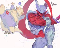 akame (chokydaum), janemba, dragon ball, dragonball z, highres, 2boys,  before and after, closed mouth, colored sclera, colored skin, english text,  fat, fat man, fingernails, floating, holding, holding sword, holding  weapon, horns, midriff,