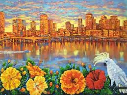 Brisbane Original Oil Painting On Canvas Cockatoo Painting Originals City Large Wall Art Hibiscus Flowers Large Canvas Wall Art Gift Idea In 2020 Original Oil Painting Large Canvas Wall Art Oil