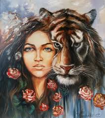Original Tiger Girl Oil Painting, Colorful Animal Art