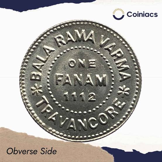 Rare One Fanam Bala Rama Varma 1112 Kollam Era (1936-1937 CE) Silver old coin, Princely State of Travancore, UNC. - Coiniacs