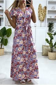 Floral pattern carved into exterior of belt. Long Lilac Floral Pattern Crossover Bust Dress With Belt