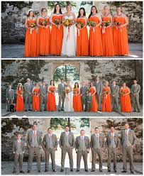 Orange Bridesmaid Dresses And Gray Groomsmen Suits First Look Pictures Were Taken In The Wine Orange Grey Wedding Orange Bridesmaid Dresses Orange Bridesmaid