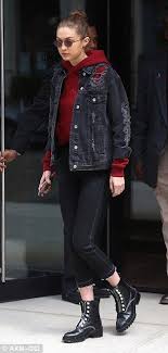 Gigi Hadid Carries Zayn Malik S French Bulldog Red Hoodie Outfit Black Denim Jacket Outfit Black Jacket Outfit
