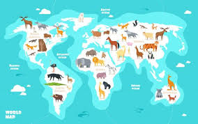 World Map With Animals Earth Discovery Funny Kids Geography Vector Illustration Kids Vector Vector Illustration Maps For Kids