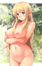 macho edamatsu, original, breast hold, highres, 1girl, blonde hair, blush,  breasts, brown eyes, cleft of venus, elf, female focus, hip focus, large  breasts, leaf, long hair, navel, nipples, nude, open mouth, pointy
